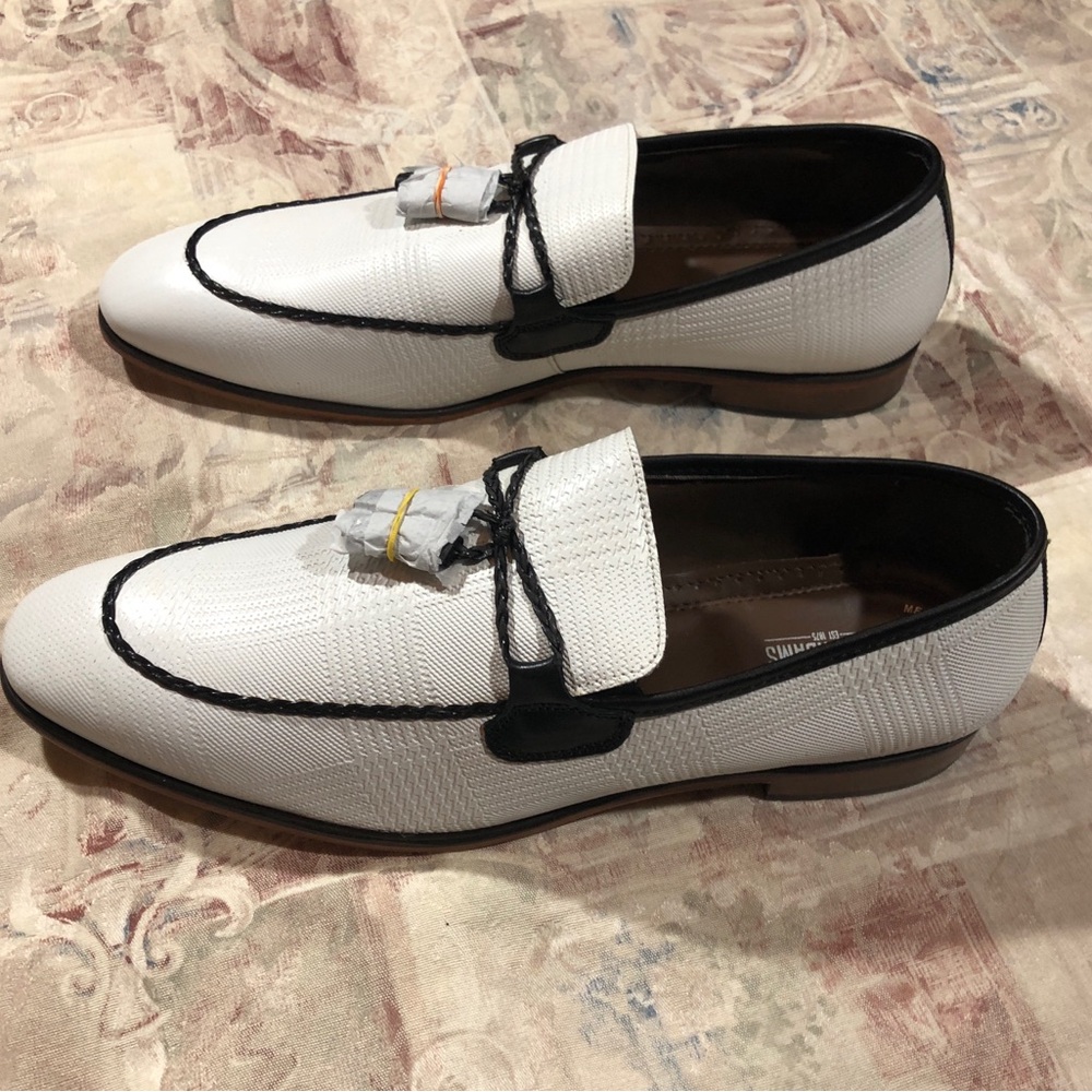 Stacy Adams Bianchi White Leather Slip-On Loafers with Black Trim
